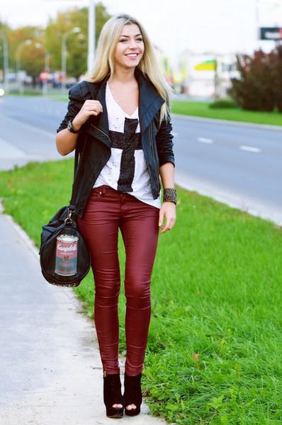 black leather blazer with matching red skinny pants