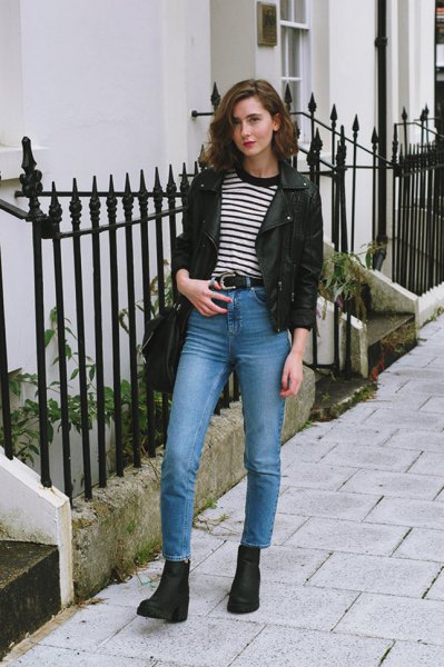 black leather blazer with striped t-shirt and blue jeans
