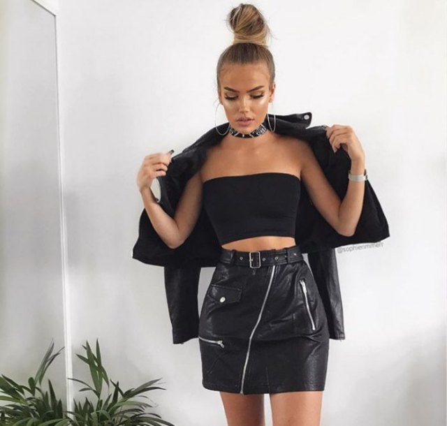 black leather jacket with collar and biker mini skirt