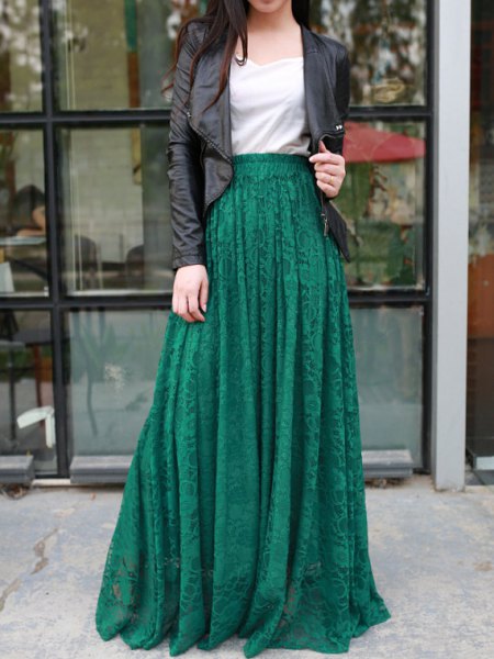 black leather jacket with jade green maxi skirt