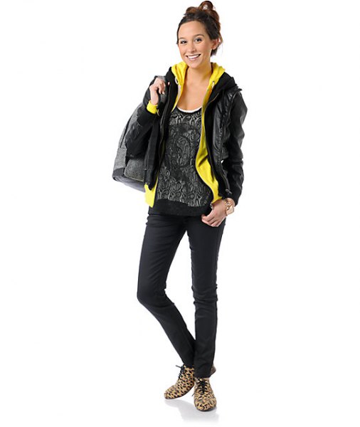 black leather jacket with lemon yellow hoodie and scoop neck
top