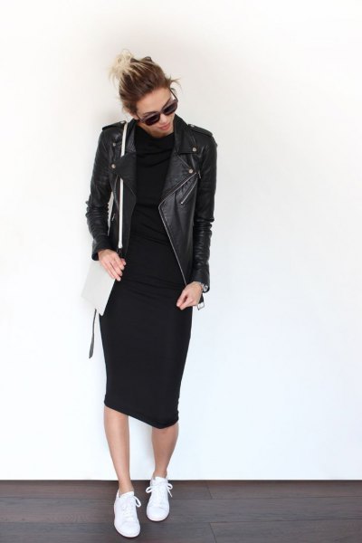 Black leather jacket with high neck midi dress and sneakers