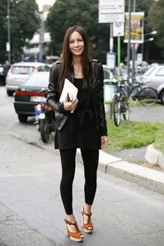black leather jacket with mini shift dress and footless pantyhose