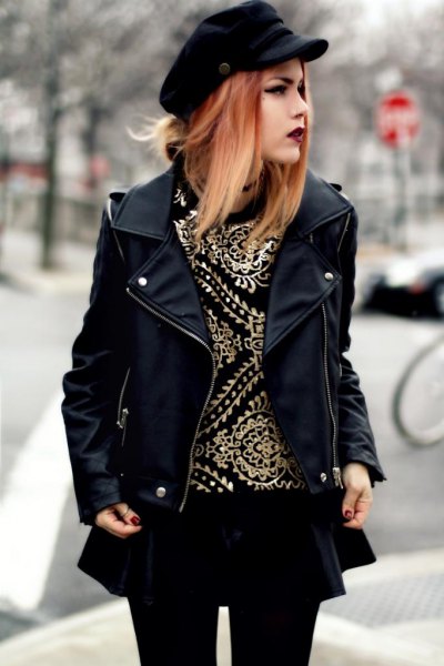 black leather jacket with mini skater skirt and leggings