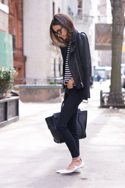 Black leather jacket with striped t-shirt and white strappy pointy
ballet flats