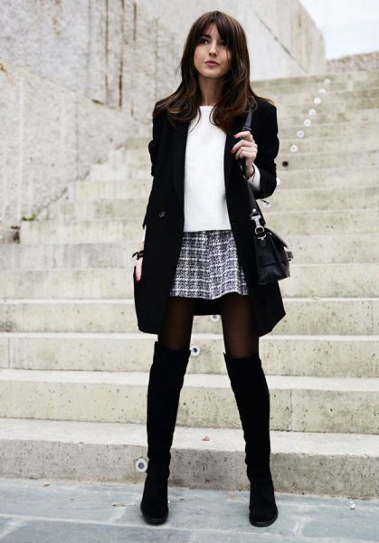 black long blazer with checkered mini skirt and overknee boots
