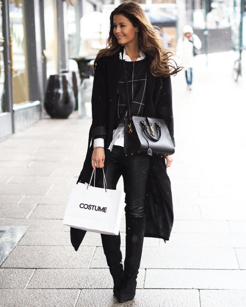 black long coat with white collared shirt and cropped sweater
