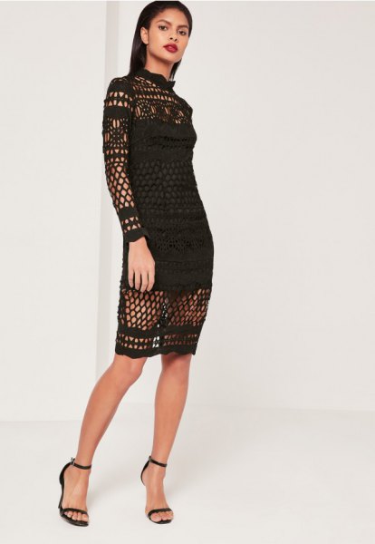 Black high neck crochet lace midi dress with long sleeves