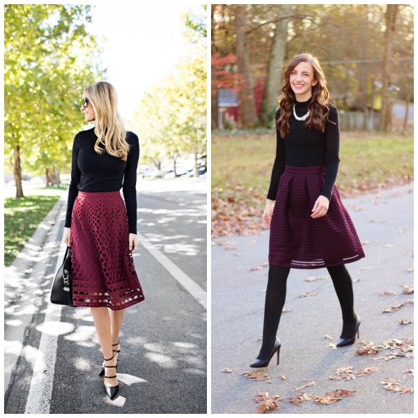 Black long sleeve bodycon tee with burgundy semi sheer cut out midi skirt