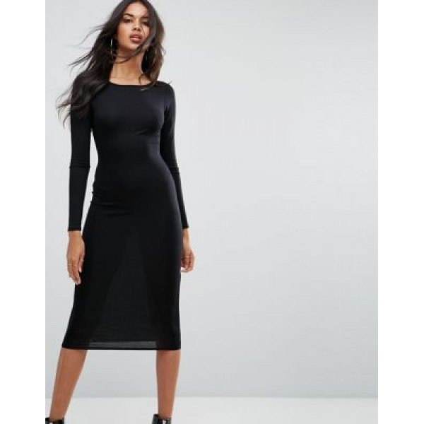 Black long sleeve cotton midi dress with leather ankle boots