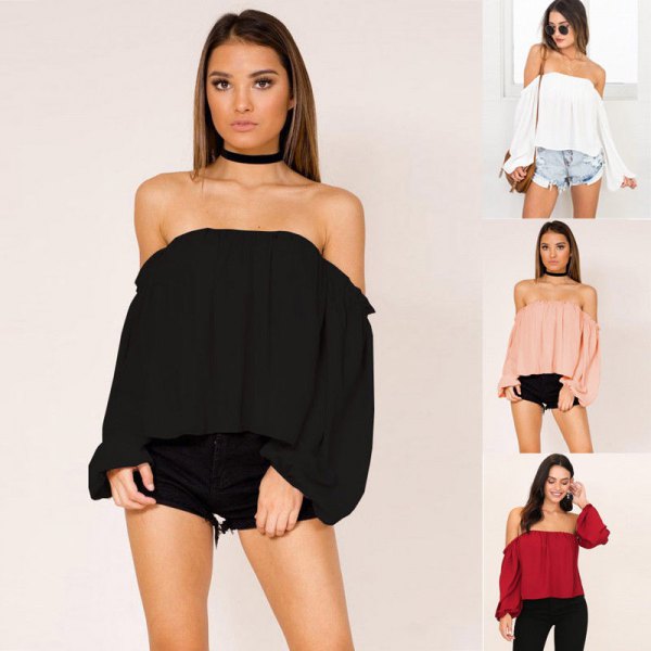 black long sleeve strapless blouse with mini shorts