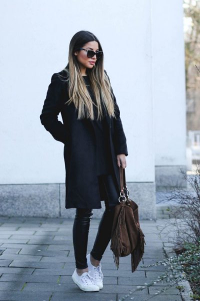 black long wool coat with leather leggings