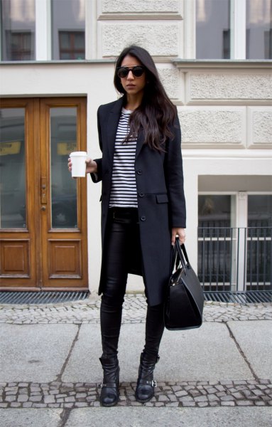 black long wool coat with striped t-shirt and skinny jeans