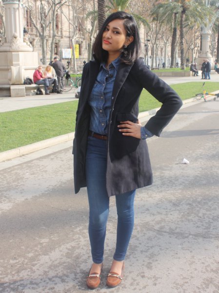 Black longline blazer coat with chambray shirt and tank suede loafers