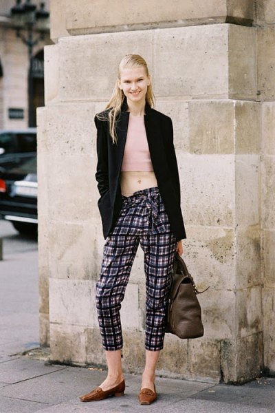 Black longline blazer with plaid cropped relaxed pants