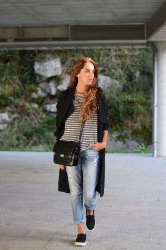 black longline coat with striped long sleeve t-shirt and boyfriend jeans