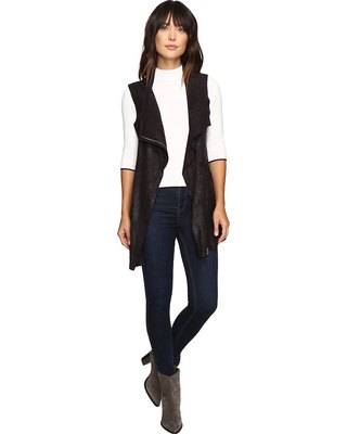 Black, long denim vest with stand-up collar sweater