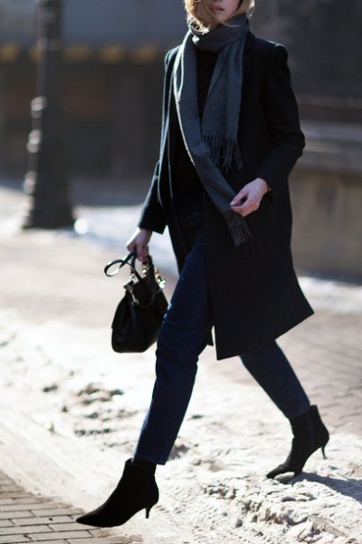 black long wool coat with gray long scarf