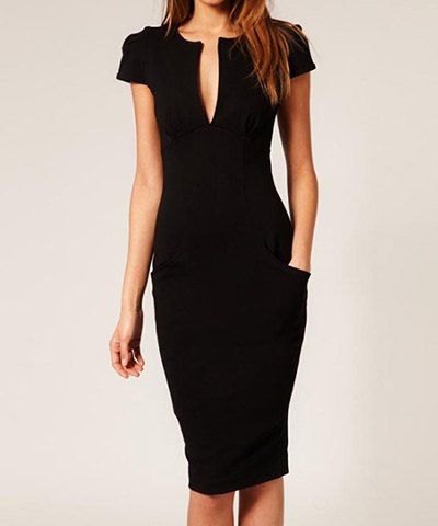 Black bodycon midi dress with a deep V-neckline and a zip closure
at the back