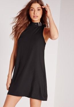 Black high neck mini shift dress with matching open toe heels