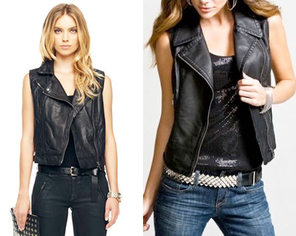 Black leather motorcycle vest with scoop neck tank top and slim fit jeans