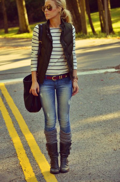 Black quilted vest with striped long sleeve t-shirt and mid-heel
boots