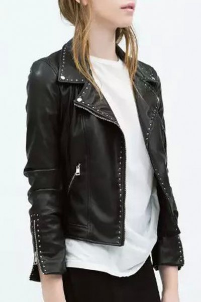 Black punk leather jacket with studs and white oversized t-shirt