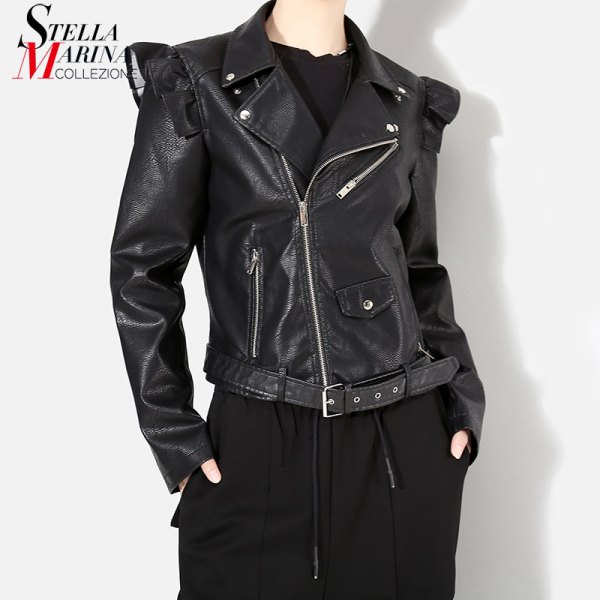 Black punk leather jacket with puff sleeves and wide leg pants