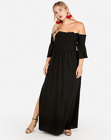 Black strapless maxi dress with side slits and ruffled sleeves