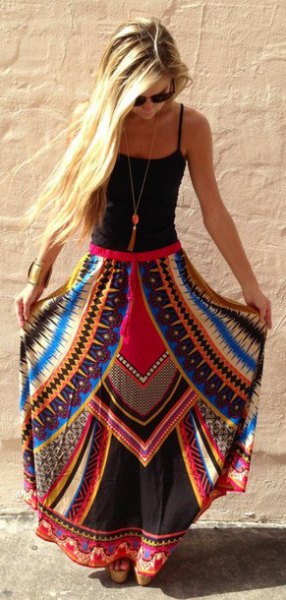 Black scoop neck tank top and blue and red printed maxi gypsy skirt