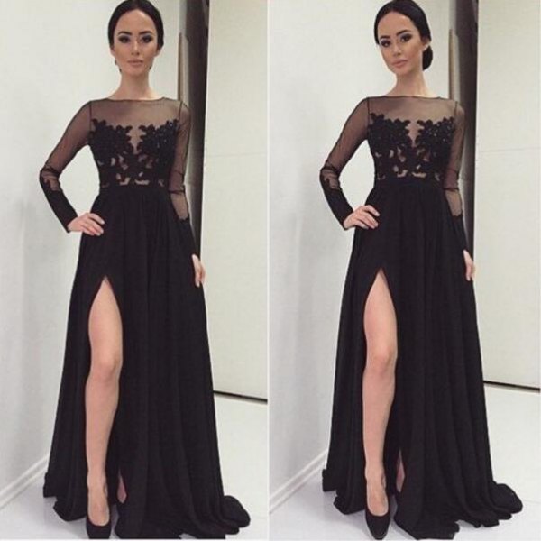 Black semi sheer floor length lace slit dress