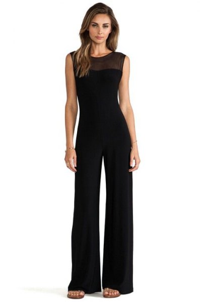 Black sleeveless formal jumpsuit with a semi-sheer neckline
