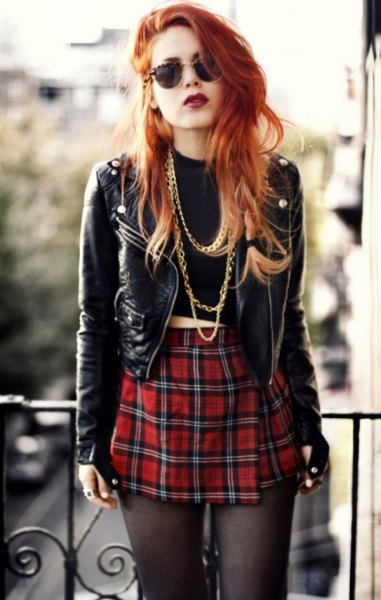 black short punk leather jacket with red plaid mini skirt