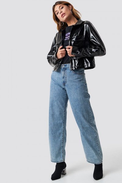 black cropped shiny jacket with blue mom jeans