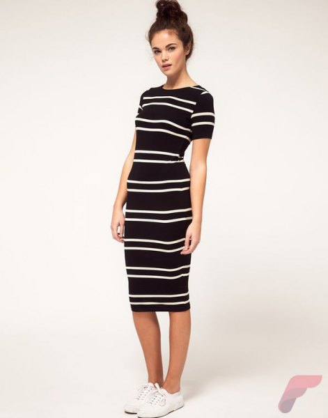 Black short sleeve horizontal striped midi shift dress