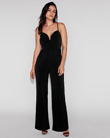 Black formal jumpsuit with spaghetti straps, sweetheart neckline
and open heels