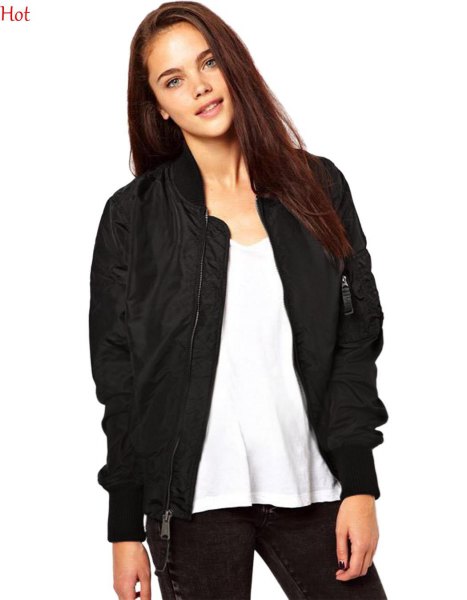 Black semi-gloss sport jacket with white scoop neck t-shirt