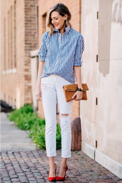 Black striped button down shirt and white ripped slim fit cropped jeans