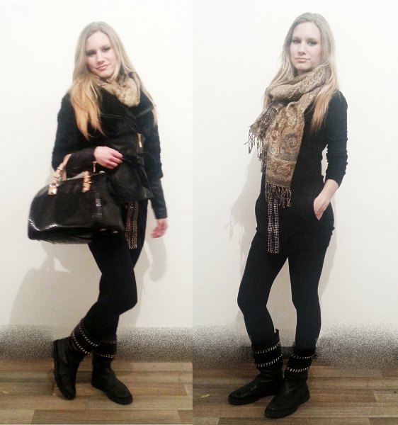 Black sweater with skinny jeans and gold tribal pattern scarf