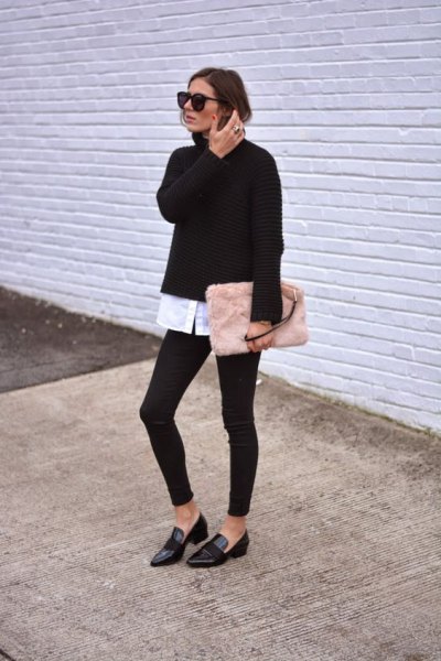 Black sweater with white button down shirt and pink clutch