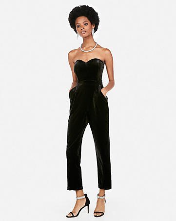 Black strapless formal jumpsuit with sweetheart neckline and open heels