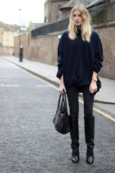 Black velvet coat with matching skinny jeans and knee high boots