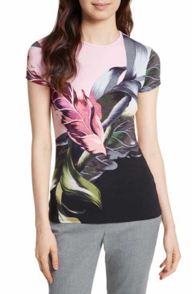 Black, white and pink floral bodycon t-shirt and gray slim-fit pants