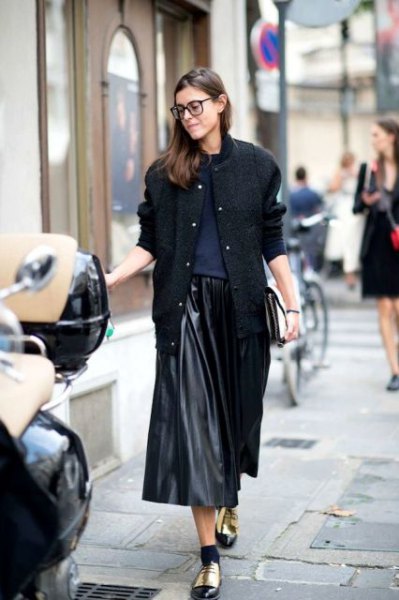 Black wool bomber jacket with pleated faux leather midi skirt