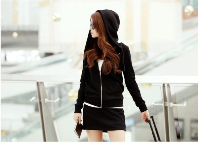 Black zip hoodie with matching mini skirt