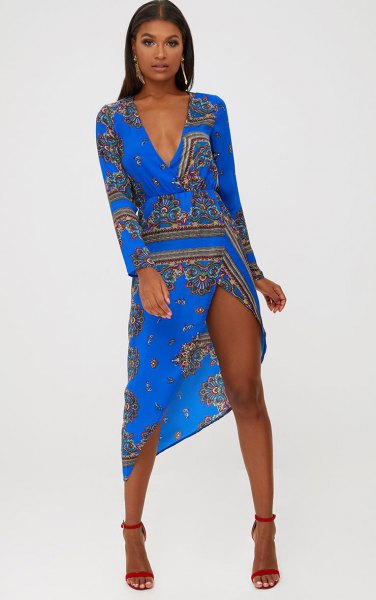 Blue and black ruffled high slit midi dress with tribal print