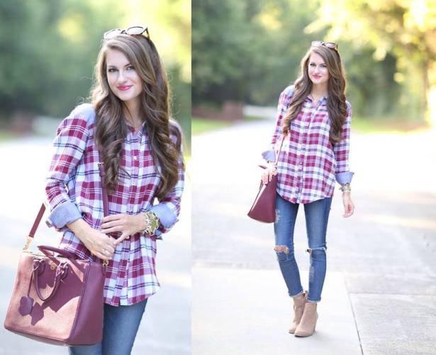 Blue and pink plaid shirt with ripped knee length skinny jeans