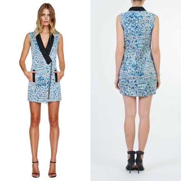 Blue and white leopard print vest dress with black leather heels