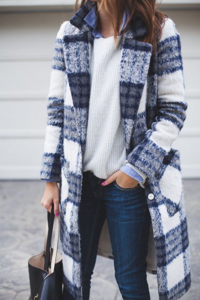 blue and white checked long wool coat with ribbed sweater