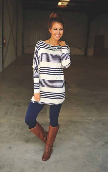 blue and white striped long sleeve tunic with navy blue leggings